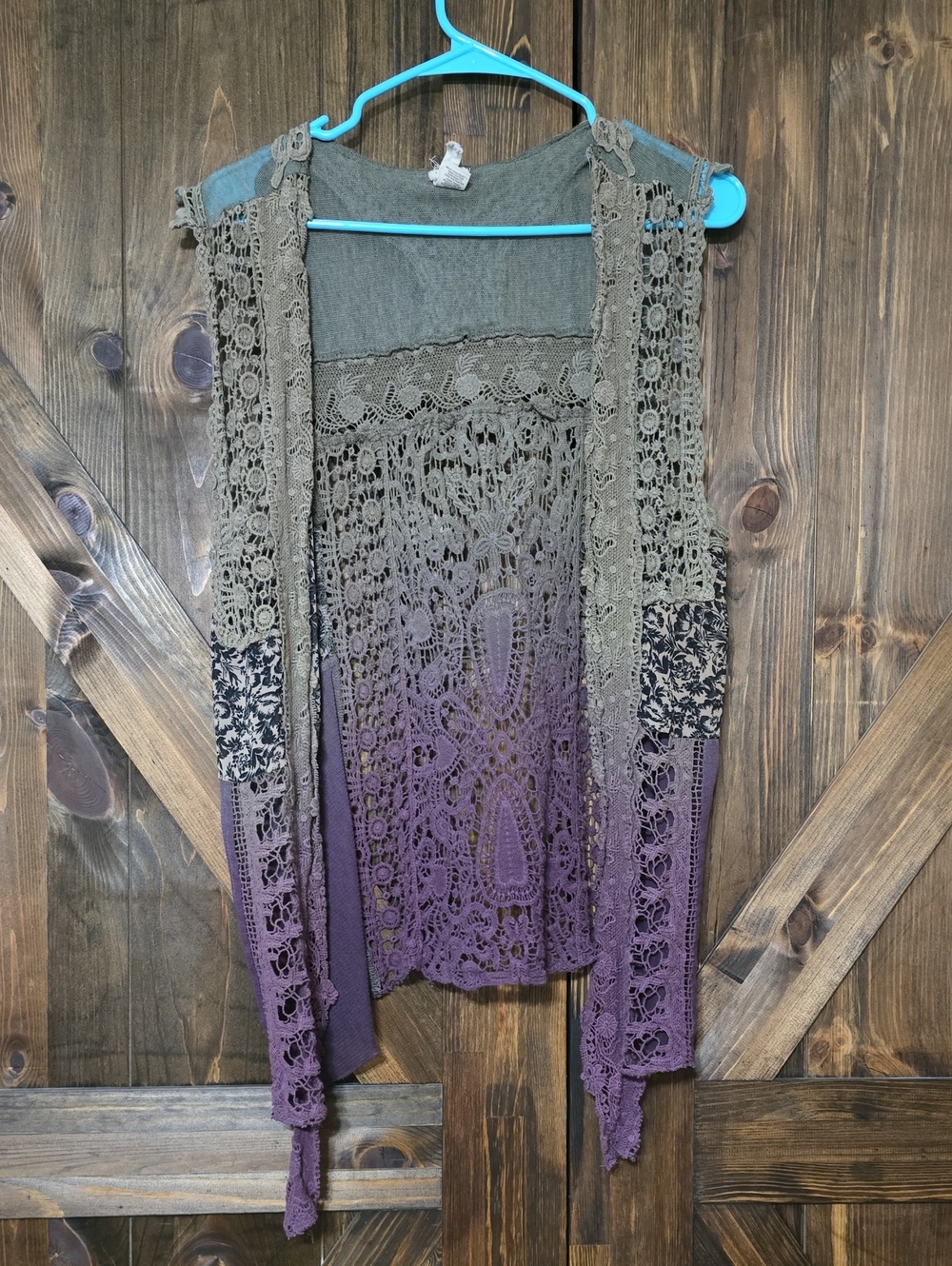 Boho Knit Open-Front Sweater Vest in Olive and Purple
